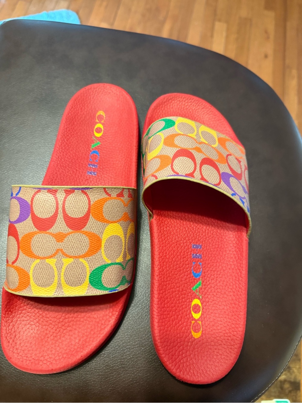 Coach Bright Red Slides with Multicolor Signature Strap - Picture 7 of 8
